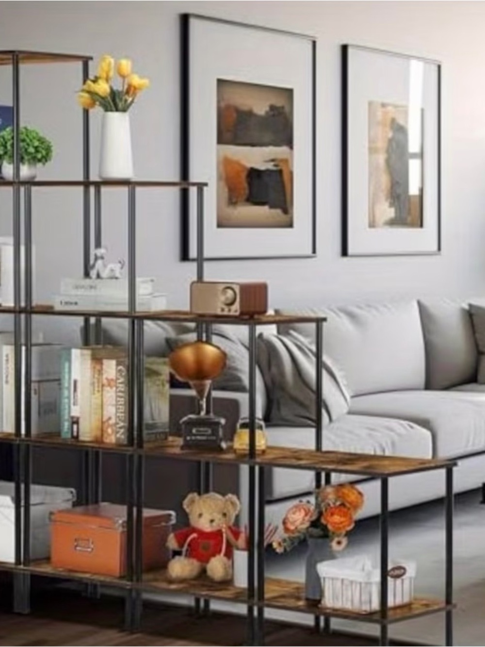 Modern Brown and Black Open Shelving Room Divider - Home Wall Decor